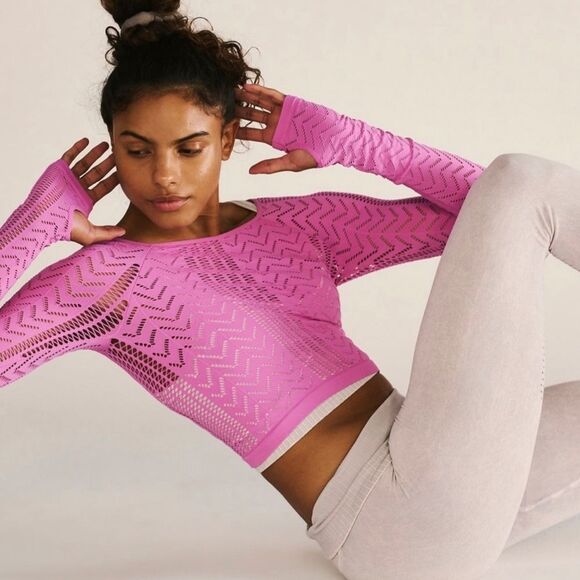 Free People Perforation Nation Long Sleeve Top in Pink Size XL NWOT - Picture 2 of 11